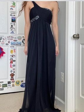 Cache Black One-Shoulder Evening Gown with Beaded Trim